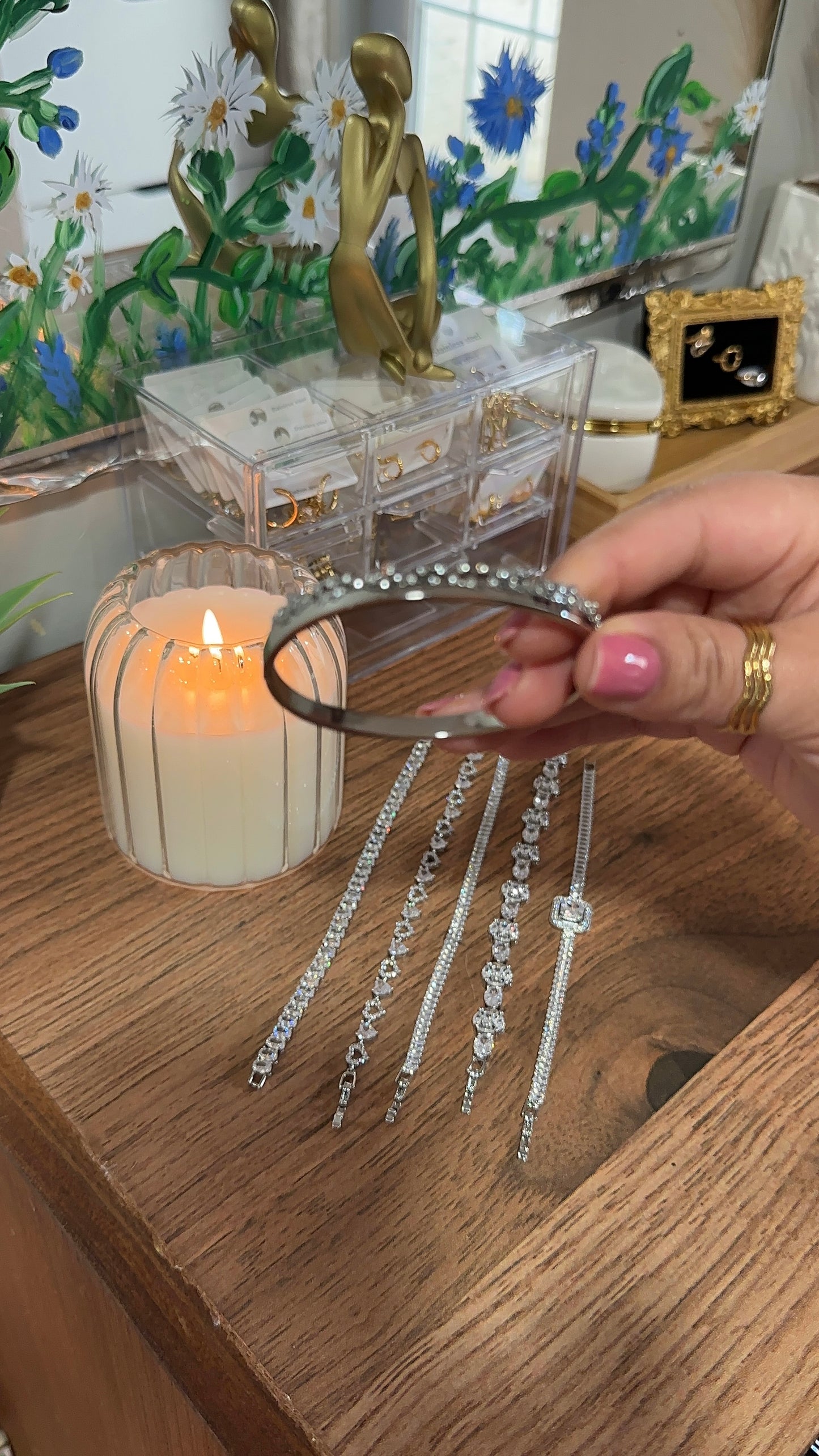 Floral silver bangle
